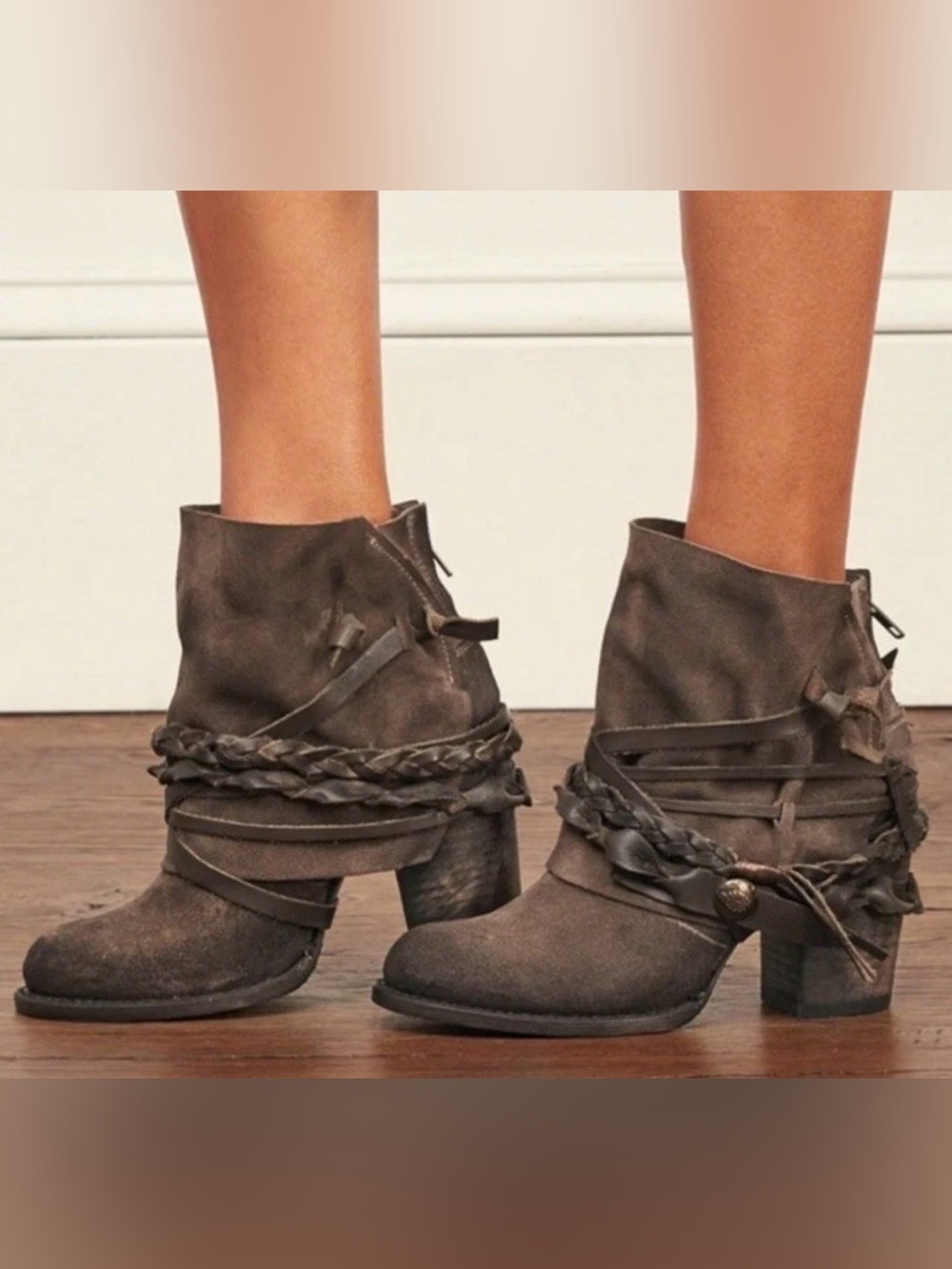 Freebird by Steven Cairo Brown Suede Braided Strap Ankle Boots